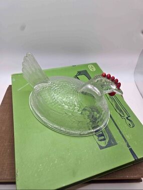 Clear Glass Hen on nest top with Red Comb